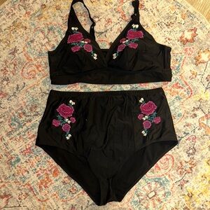 Floral Embroidered Black Bathing Suit